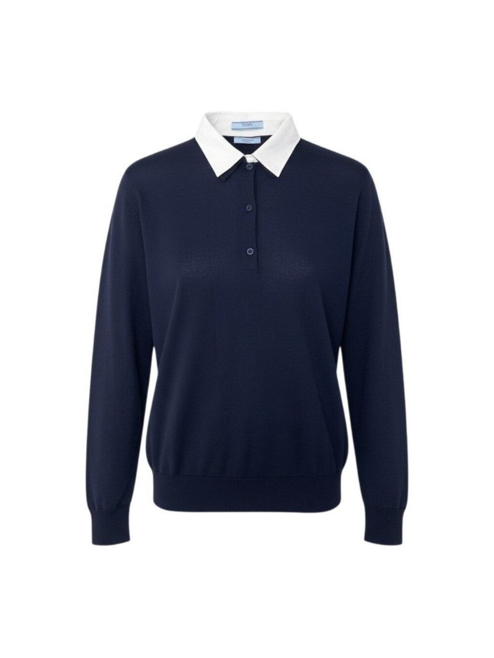 Prada Knit Polo Shirt Long Sleeve Sweater 44 Navy White Wool